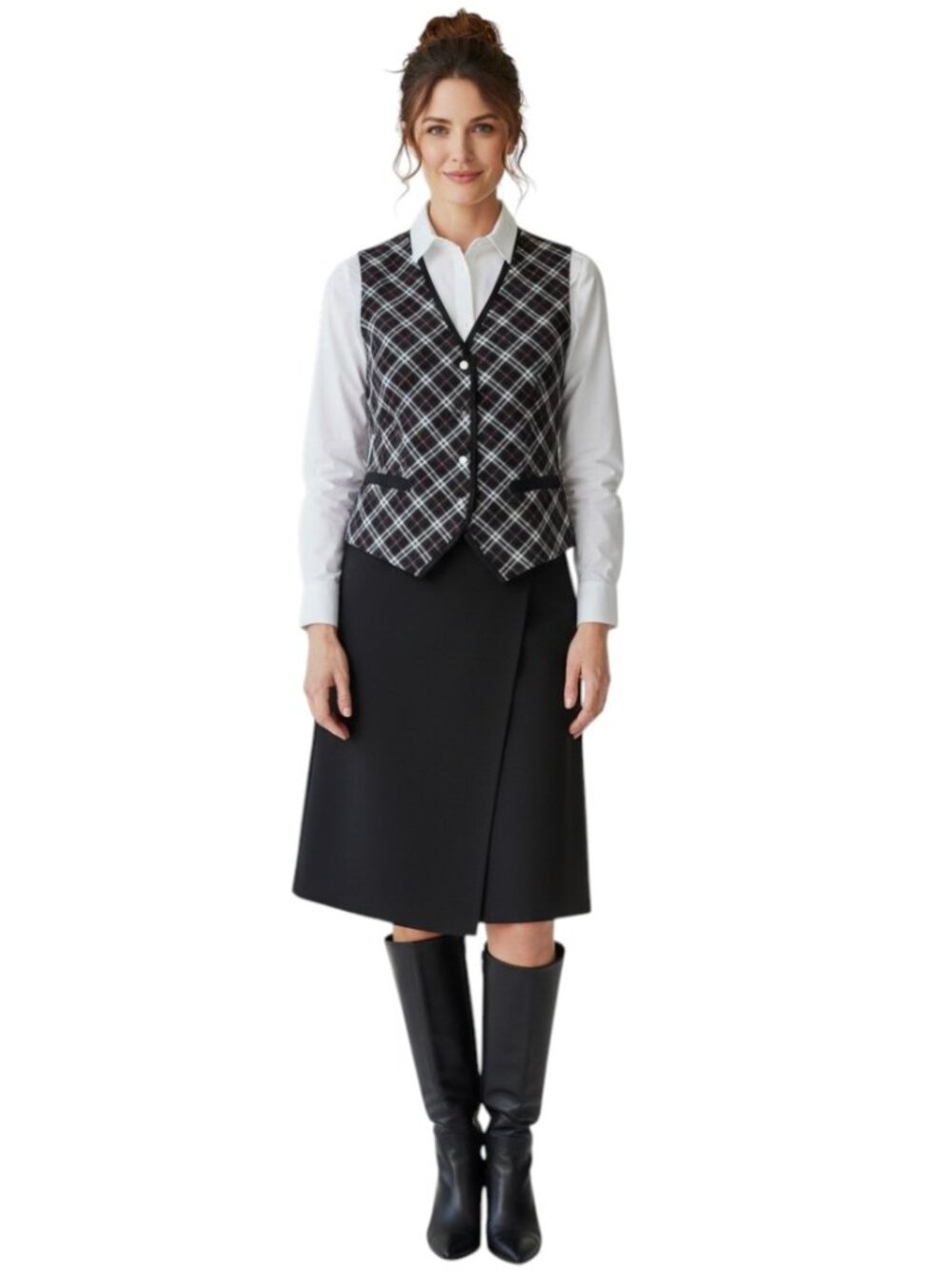 Vintage TanJay Button Front Vest Womens Size L Black White Diagonal Plaid Preppy